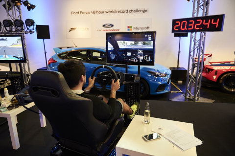 Five bleary-eyed gamers each completed a mammoth two day stint at the wheel of a virtual Ford GT race car in Forza Motorsport 6 to set a new GUINNESS WORLD RECORDS title for the “longest video marathon on a racing game.” (Photo: Business Wire)