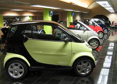 a colourful smart car in display