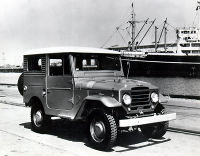 A 1960 Toyota FJ 40 Land Cruiser waits for shipment to America