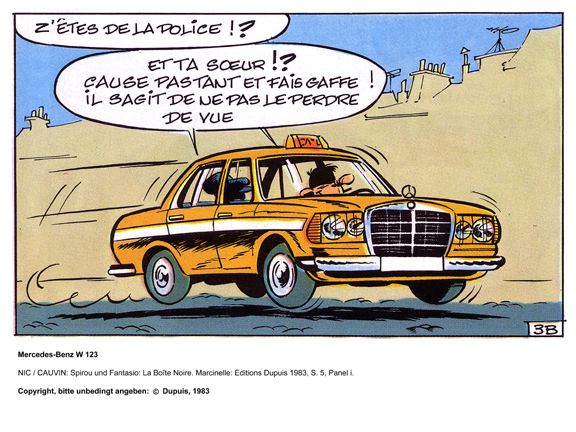 Chase in a taxi MercedesBenz W 123 in Andr Franquin's La bo te noire 
