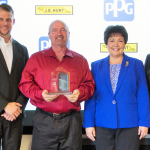 Karen Barkac (center right), PPG global director, transportation and logistics, and PPG transportation managers Mandi Penrod and Steve Minick (far right) present a 2015 Excellent Supplier Award to J.B. Hunt Transport representatives (from far left) Jerry Hoban, regional operations manager; Jamie Kleemook, transportation general manager; and Daniel Fike, Two Million Mile safe driver. (Photo: Business Wire)