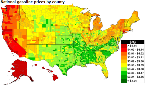 map of national gasoline
prices by county, as explained in the article text