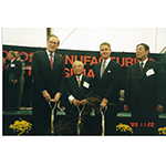 Former Sen. Jay Rockefeller, Mr. Eiji Toyoda, then-Governor Gaston Caperton and Hiroshi Okuda celebrate the groundbreaking of the Toyota plant in Buffalo, W. Va. in September 1996. (Photo: Business Wire)