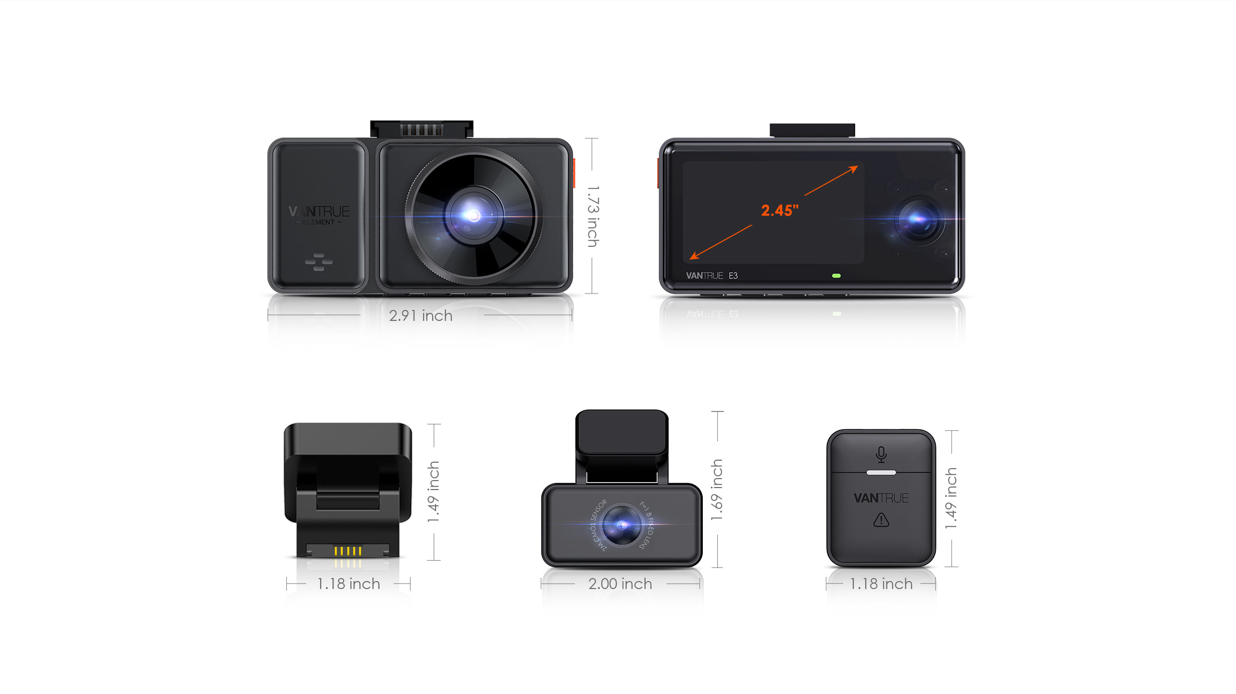 Vantrue Element 3 (E3) Compact 3-Channel Dash Cam for Front, Inside and  Rear Recording